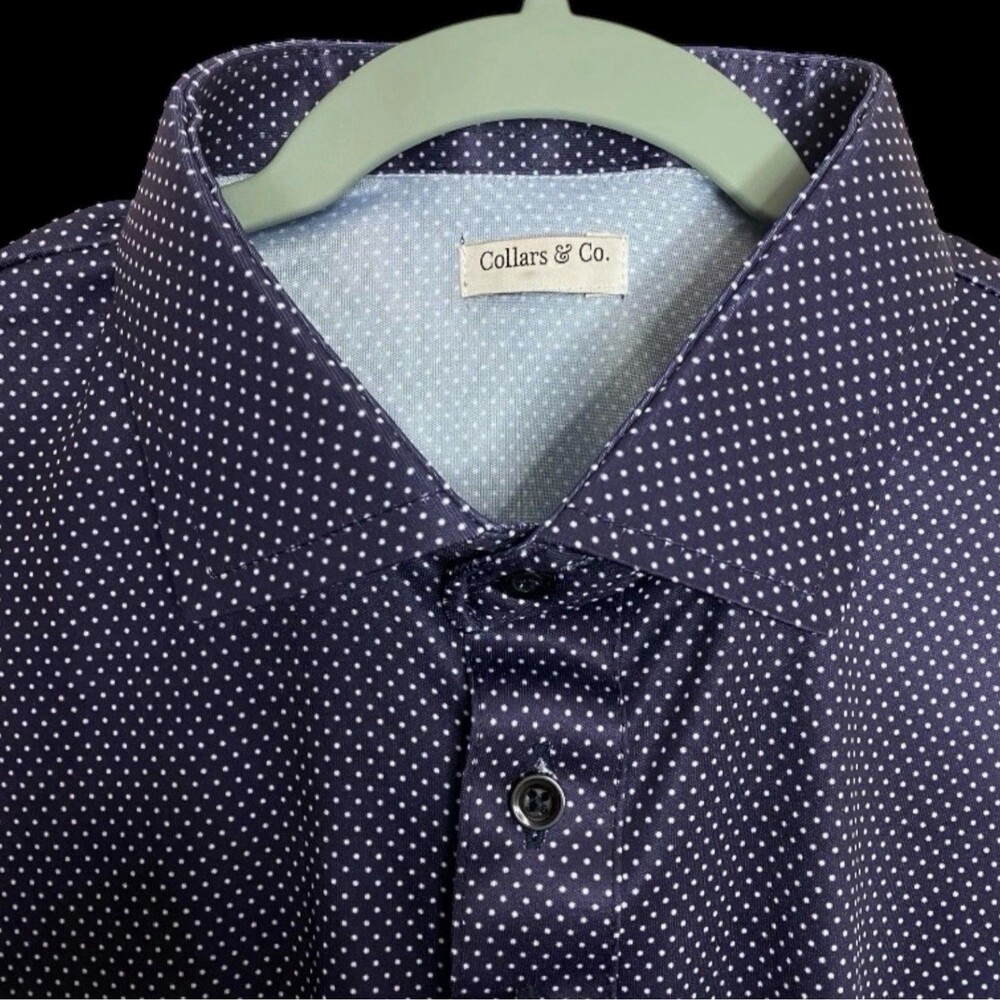 Collars & Co Polo Shirt Mens M Blue Polka Dot Dress Collar Office Preppy NWT
